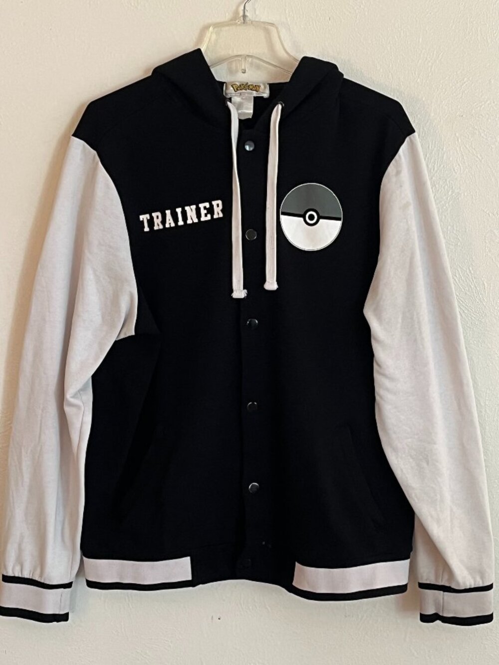 Pokemon Men's Black White Hooded Snap Front Varsity Trainer Jacket Size L